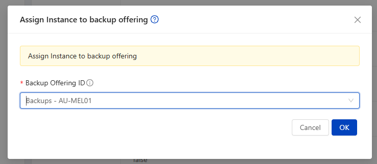 Assign Instance to backup offering dialog