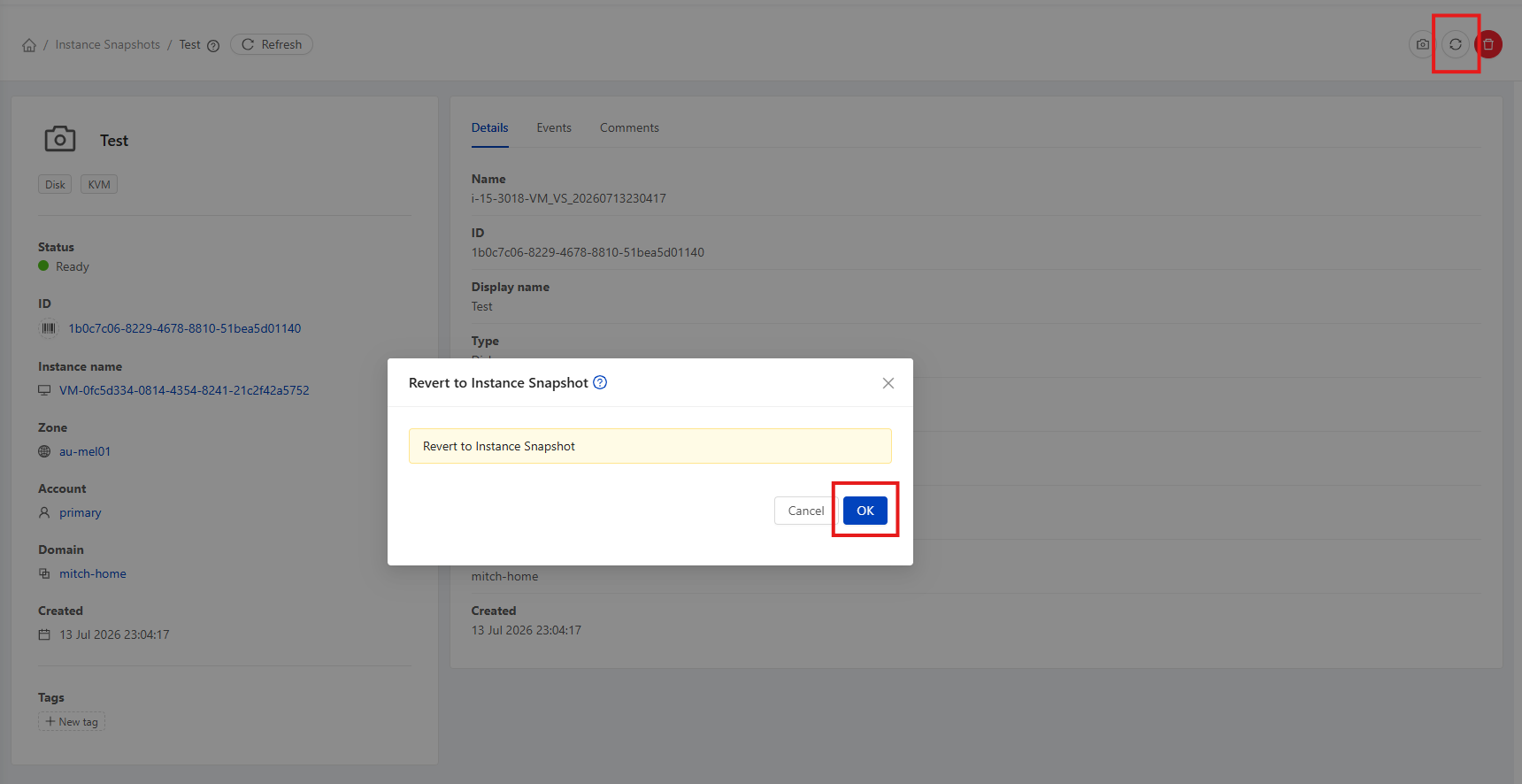 Revert to Instance Snapshot confirmation