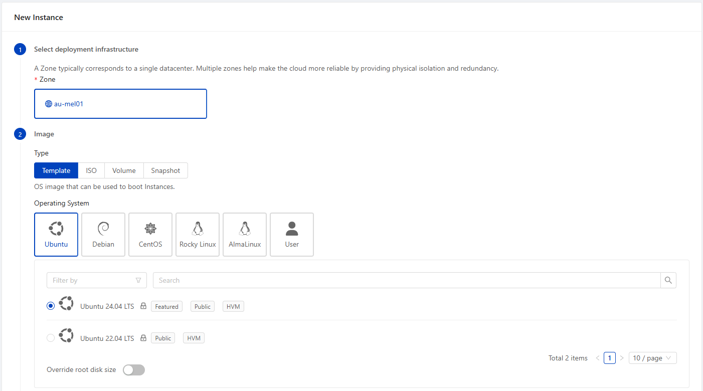 Deploy VM wizard - zone and image selection