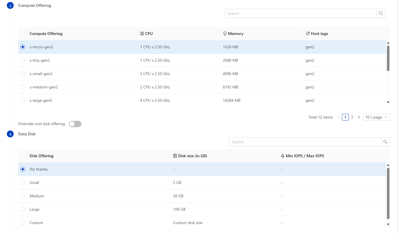 Deploy VM wizard - compute offering and data disk