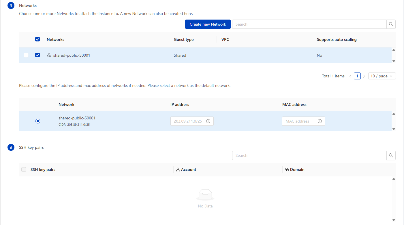 Deploy VM wizard - network and SSH keypair selection