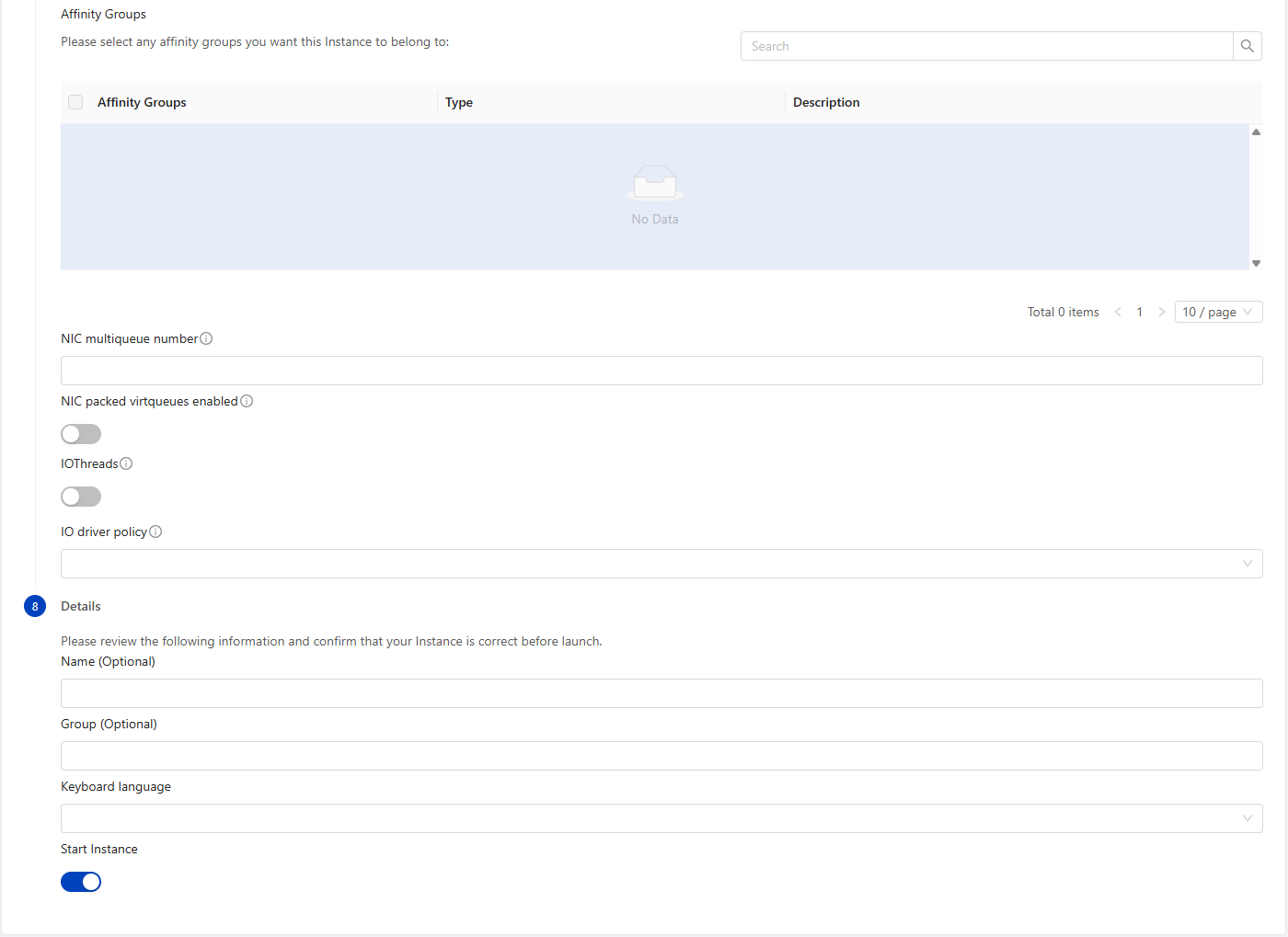 Deploy VM wizard - affinity groups and instance details