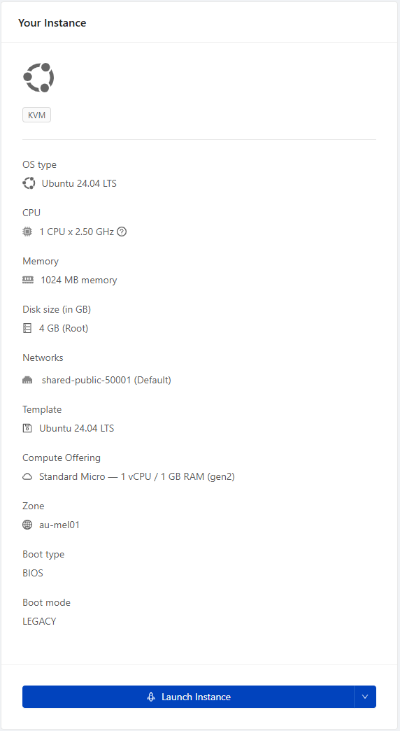 Deploy VM wizard - instance summary before launch