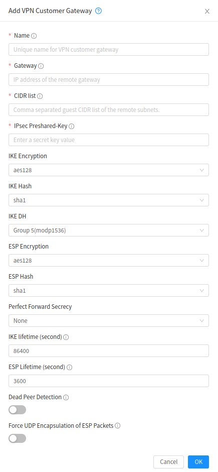 Add VPN Customer Gateway form